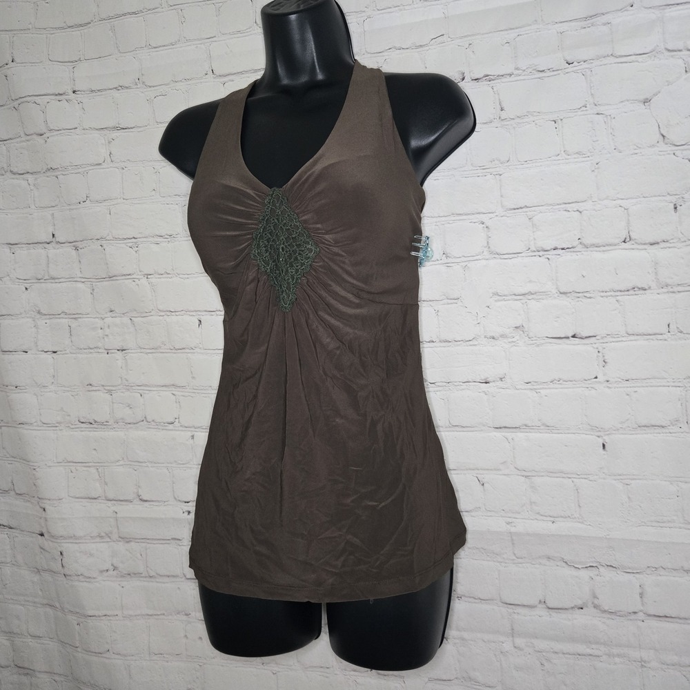 MetroStyle' brown empire cut tank with crochet lace detail Size Sm